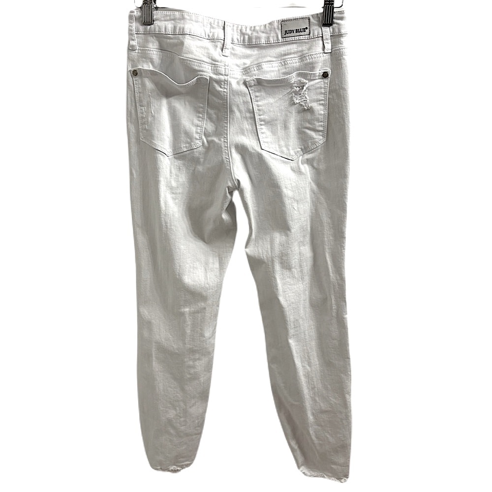 JUDY BLUE white, distressed, mid-rise boyfriend-fit jeans with a raw hem 3/26 - Picture 8 of 11